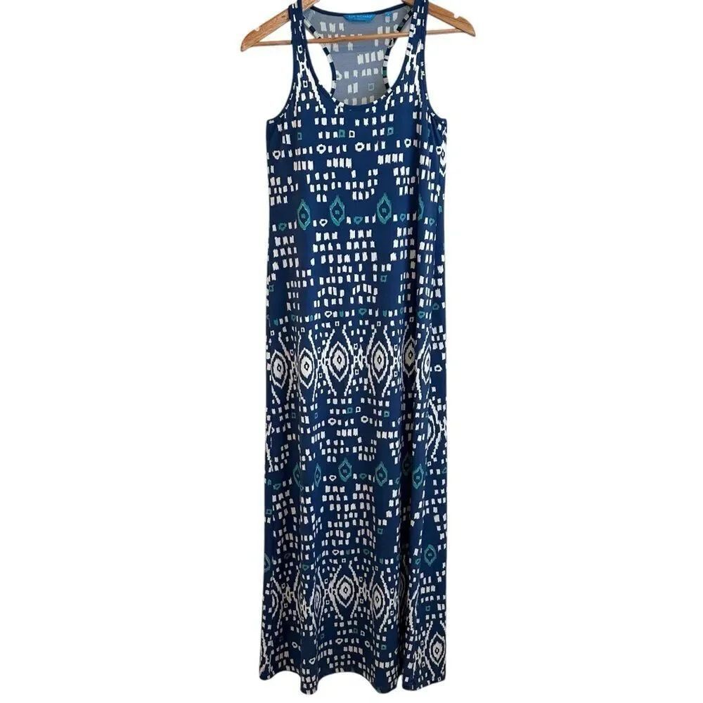 Tori Richard Honolulu Tank Maxi Dress Blue White Scoop Neck Sleeveless Size S